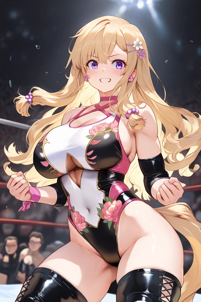 masterpiece, highest quality, (Highly detailed CG Unity 8k wallpaper), (highest quality), (Best illustrations), (Best Shadow), Confused, Realistic lighting, (abyss), Beautiful and delicate shine,victory,Random Pause,((Bare skin wet with sweat,Female professional wrestler)),Cute freckles on the cheeks,Mole under left eye,Cowboy Shot,Hair wet with sweat,A leotard-type wrestling costume with gorgeous decorations,pain,suffering,ring,Plump,Villain wrestler,A blonde-haired female wrestler and a pink-haired female wrestler are grappling,