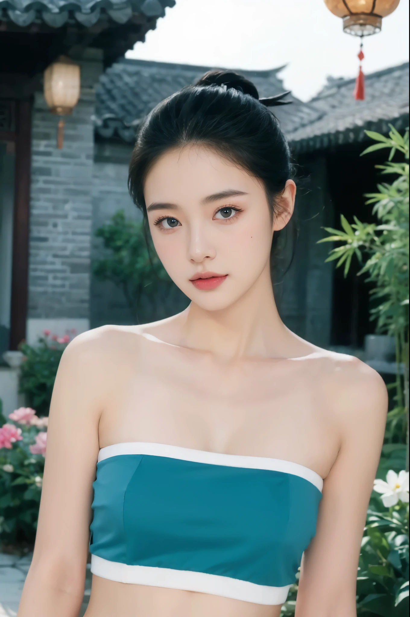 masterpiece、best quality、超high resolution、Realistic skin texture、Reality、high resolution、original photo、shiny skin、Realistic skin texture、Optimal lighting、shine、Dramatic Lighting、Dynamic poses、Lotus、pond、1 Girl、Balanced Eyes、Wearing Chinese Hanfu、Ponytail、blue eyes、Look at the audience、 Large Breasts、Big Ass、