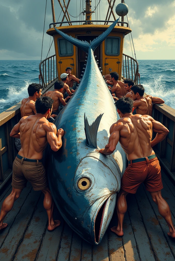 Three strong fishermen pull up bonito from the deck of a boat. The bonito jumps around, splashing in the water. Only one fisherman pulls up a pair of boots.