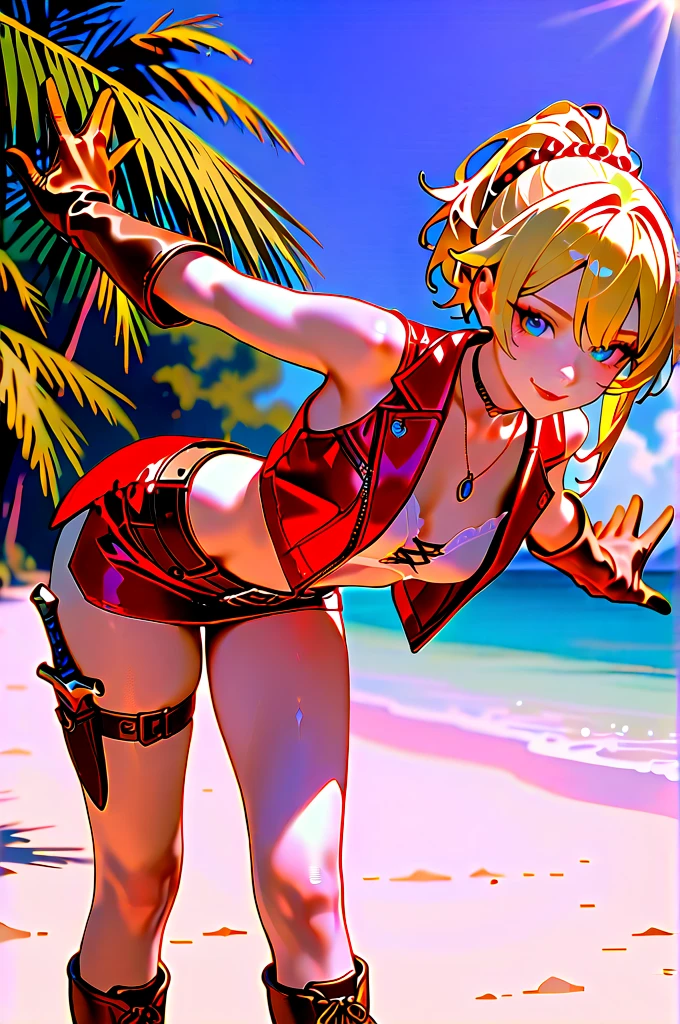 ytemari, ((blonde hair, quad tails, glowing blue eyes, fishnets, makeup, narrow waist, skinny, medium breasts)), pelvic curtain, ((yellow bikini)), full body, perfect body, (insanely detailed, beautiful detailed face, masterpiece, best quality) , (((solo))), (((1girl))), (((mature))), (extremely detailed 8k paper CG wall unit: 1.1), (beach, dusk), (smile face for the viewer), Rest on stomach, feet up, Beach sarong