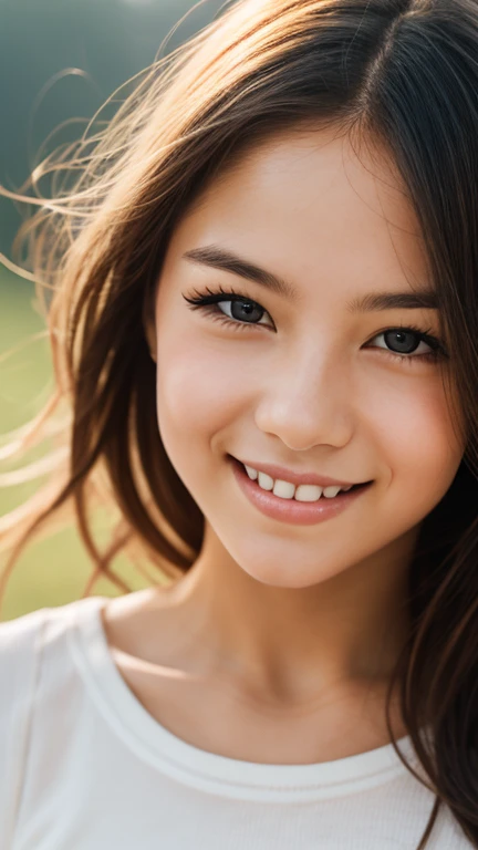 Portrait、8k、high quality、Realistic Photographic Images、Upper Body、Japanese women、40s、Cleanliness、Recreates natural, radiant and realistic eyes、Droopy eye corners、Small black eyes、Glowing Skin (Dimples,Gentle smile)、(Shiny dark brown color、Medium long loose hair)、Sappin'、light makeup、Golden ratio composition、頬にDimples、((Light blue blouse、The collar is white))、Natural background and light、Cityscape、Serene atmosphere