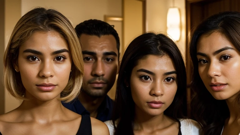 A group of diverse people standing together, holding smartphones with serious expressions on their faces.