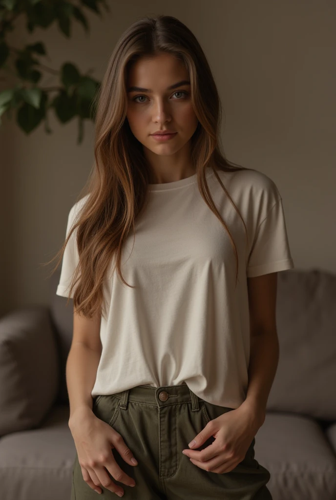 Brunetette, dark hair, short lag, fitted shirt