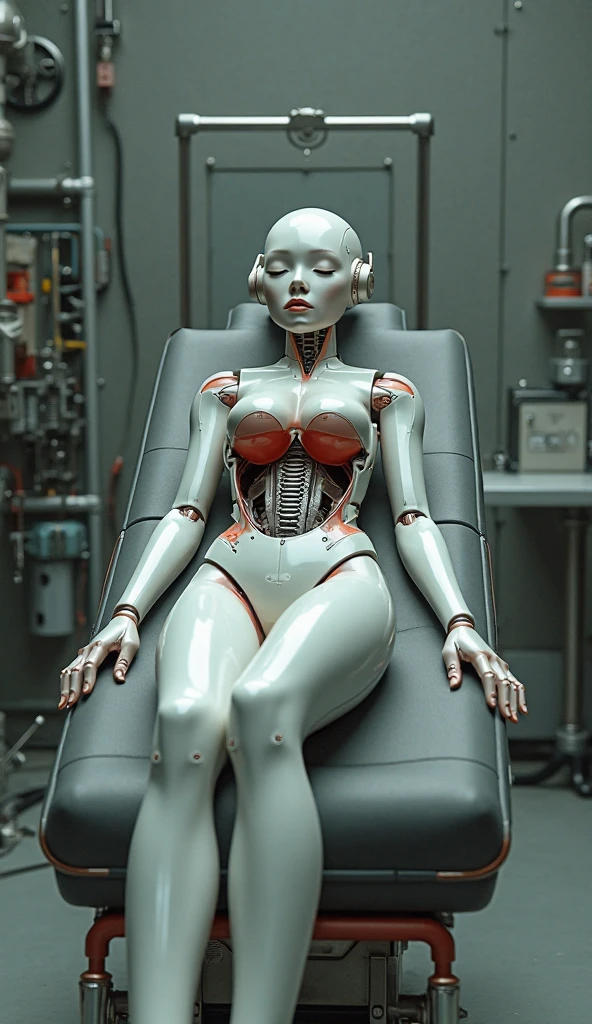 A sex-service android packed in a giant duralumin case、Wearing default lingerie、buffer material、attachment、Expressionless、Skin texture is the same as human、Beautiful, detailed face and eyes that men will love、Beautifully detailed mouth 、Beautifully detailed décolletage、Beautifully detailed large breasts、Beautifully detailed cinched waist、Beautifully detailed navel、Beautifully detailed thighs