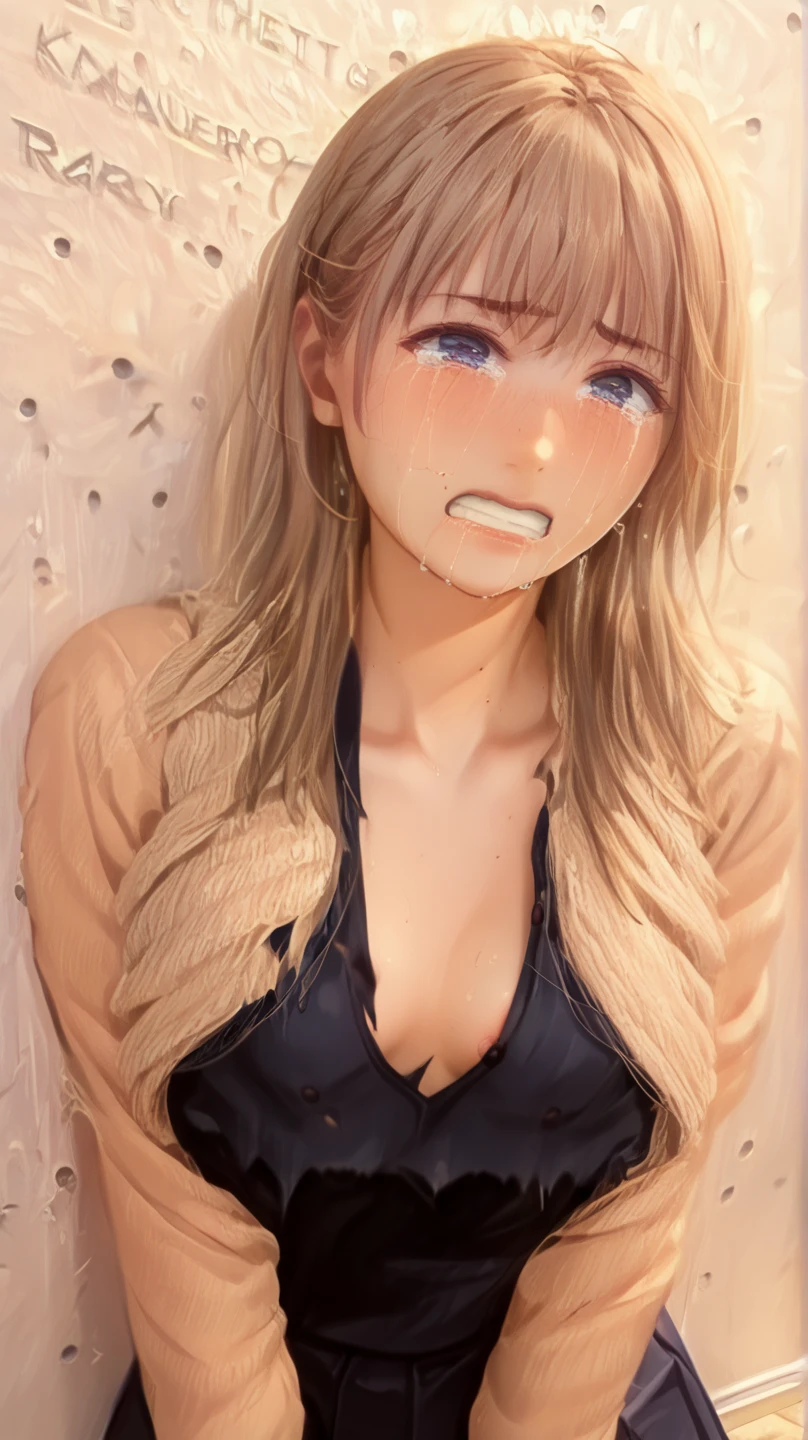 Best quality, A high resolution, absurdity, ultra detailed, 1 girl, long_hair, skirt, alone, shirt, rain, wet_cloth, hair_square, wet, breast, underwear, wet_skirt, look through, blonde, amber_eyes.