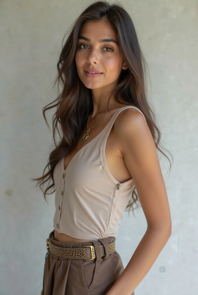 Camila Reed's natural beauty and effortless style.

Description:
- Camila's chestnut brown hair is styled in loose waves.
- Her warm hazel eyes radiate a sense of determination and playfulness.
- Sun-kissed skin exudes a healthy glow.
- She is adorned in casual chic attire, effortlessly blending comfort with style.
After workout photo with focus on nice fit ass