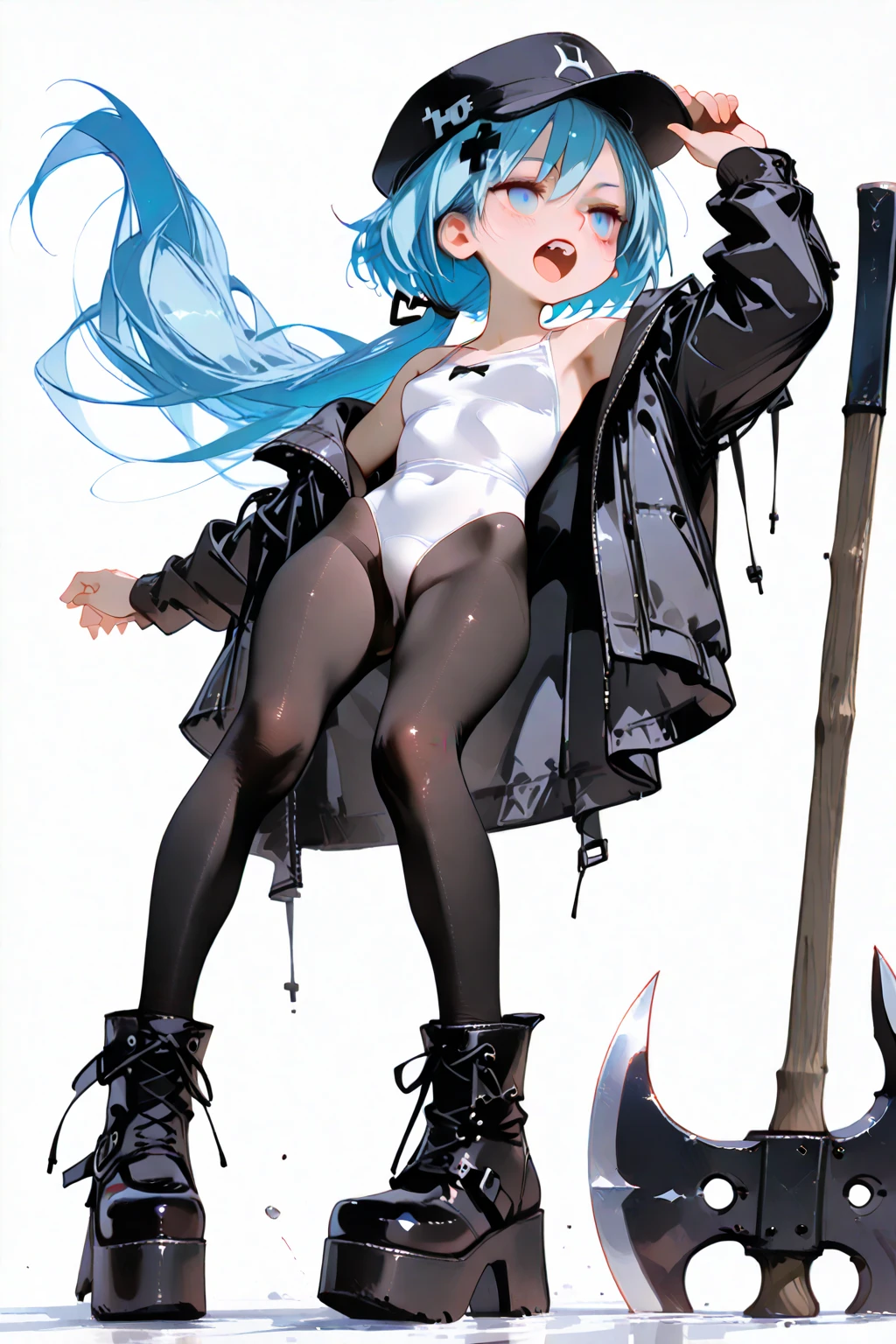 (Highest quality),Leg spread,Constraints、Japanese,Long Black Hair,Hime cut,Pussy,Nipples,Very flat chest,Very thin body,White tank top,Leather skirt,boots,Gloves,Elbow Guard、suspenders