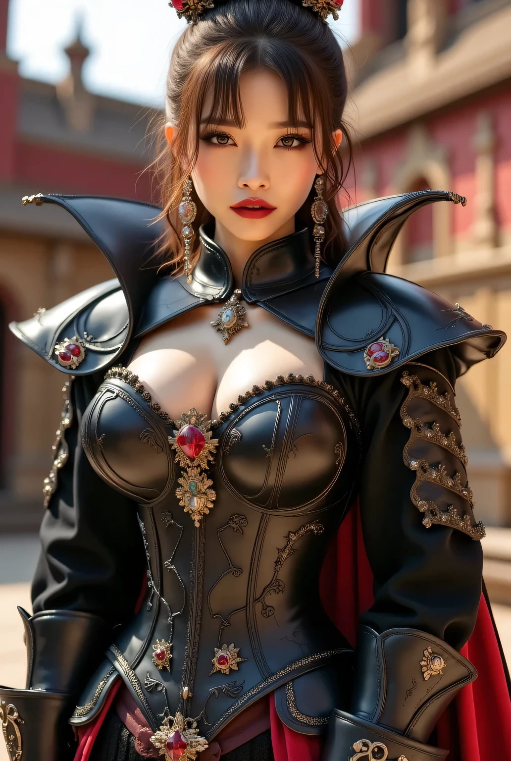 Highest quality, masterpiece, colorful to keep.
Super beautiful Japanese woman, villainess, looks like a intimidating dominatrix, staring at the viewer.
Long false eyelashes, light red lips, wavy hair, luxury hair ornament, luxury earrings, big breasts.
Elaborate armored bodysuit, gothic style, detailed shoulder armor, detailed arms guards, cloak.
Outside the medieval royal palace, sunlight.
