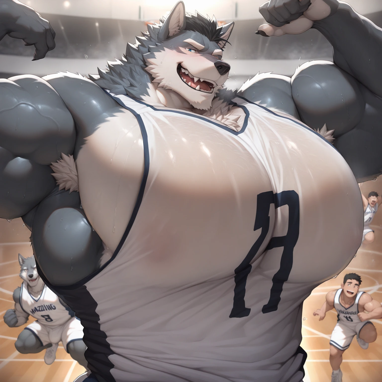solo, siberian husky, three identical heads on one body, siberian husky ears, siberian husky tail, masculine, necks, pixar eyes, adult, male, 50 years old, by dramamine, (fat, tall, dadbod, chubby, big belly, sweaty, gray fur, street basketball court background, (shirtless, nude, flaccid penis, hairy testicles, big nipples), correct hands, correct anatomy, (ultradetailed, best quality, detailed masterpiece, highly detailed masterpiece, 4k, professional cartoon), (natural pose, running:1.4, nuanced expressions, shouting, angry, shocked, excited)