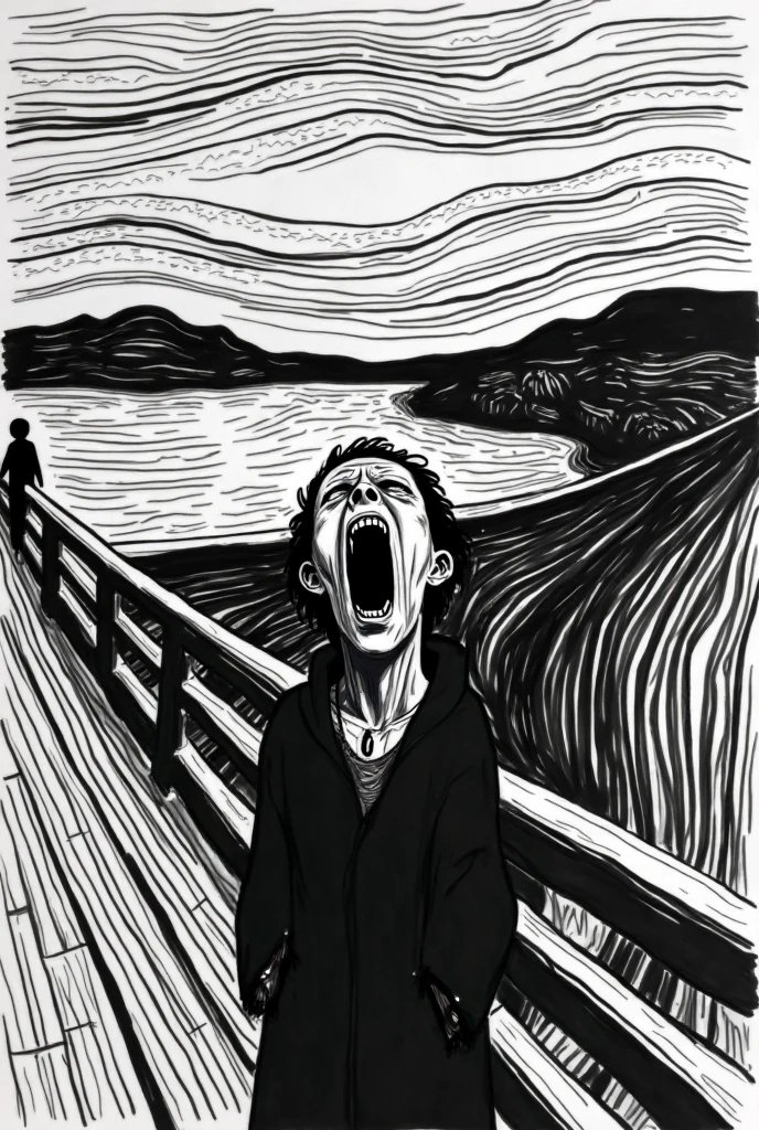 create a black and white pictures of  the scream famous painting creted by tini geometric for coloring book, make it cool