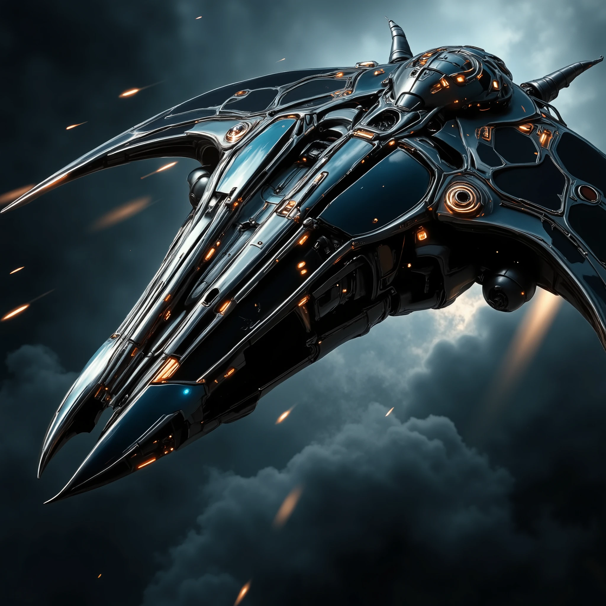 An extremely detailed comic book illustration of a science fiction star ship with a dynamic flowing design sweeping bladed curves and lines in shades of dark teal and ice blue against a deep navy background space like background whose composition has a strong sense of movement with streaking lights or meteors cutting diagonally across the canvas with the main element appearing to be a fluid wing-like space ship with intricate ribbed patterns and curved spines with small dots of light scattered throughout suggesting stars or distant lights whose aesthetic is futuristic and otherworldly combining organic flowing forms inspired by chitinous insects with a sleek technological feel indicative of the science fiction space craft whose curved bladed forms suggest both speed and grace in an art style inspired by Frank Miller and Conan the Barbarian. Trending on Art Station. Standing in a dynamic action pose.