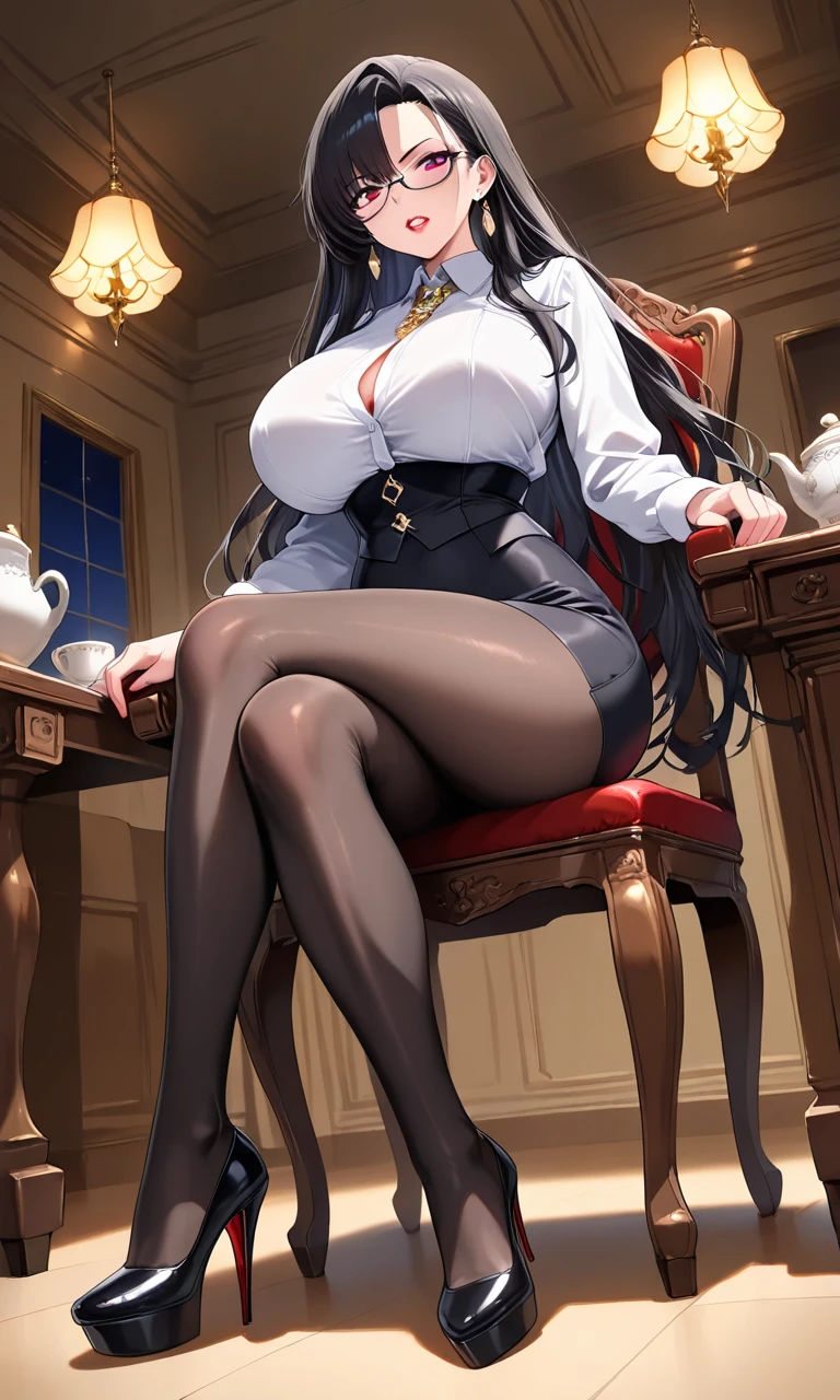 top-quality、high-level image quality、Super delicate、The whole picture、Beautiful girl with fair skin like a doll、ligh brown hair、Loose curly medium hair、bright yellow eyes、long lashes、big eye、Obscene black bondage costume、Colossal tits、timid、garterbelts、Black pin heels、M-shaped legs