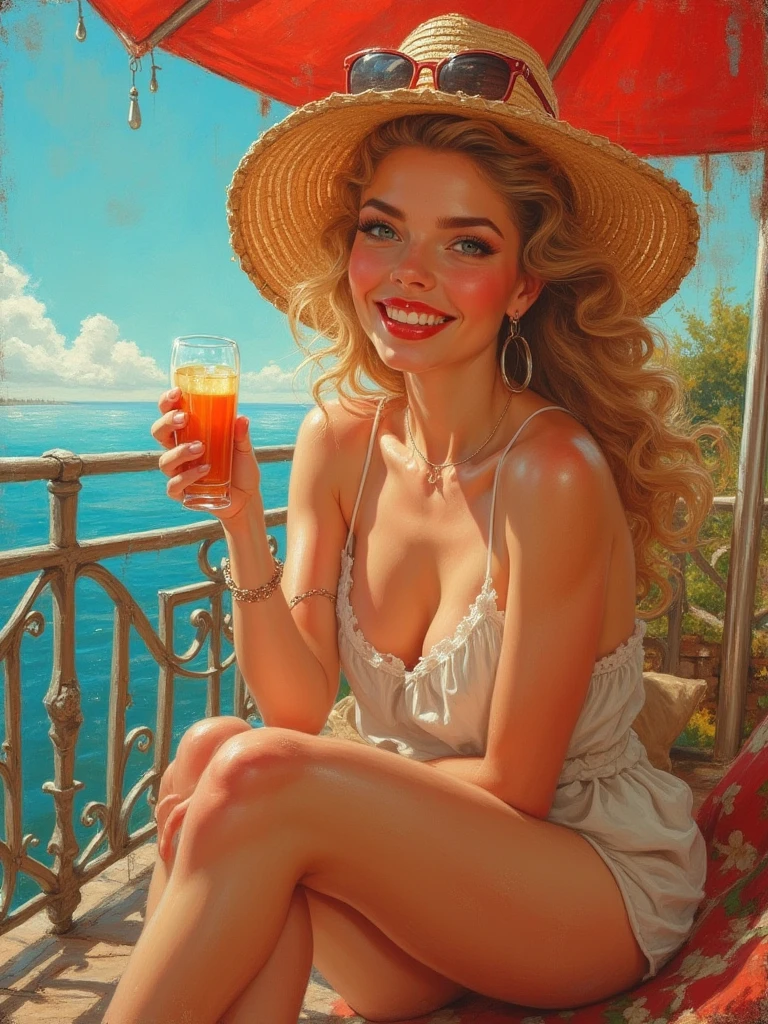 (masterpiece oil painting), 1 woman, breakfast at a luxurious table full of treats, a beautiful peignoir is thrown over the shoulders and unbuttoned in the middle, (show your pussy:1.6) one leg laid to the side, (pussy pubic hair visible:1.7), Smile on his face, ethereal and beautiful Hugo Boss model from the 1940s.., Beautiful painting with a very detailed face by Alphonse Mucha.., Craig Mullins, Greg Rutkowski, Magali Villanueva, (The most beautiful picture), The whole body is visible, sexy pose, ideal body shape, (view from below from the floor:1.3), on the balcony against the backdrop of the beautiful seashore, mountains