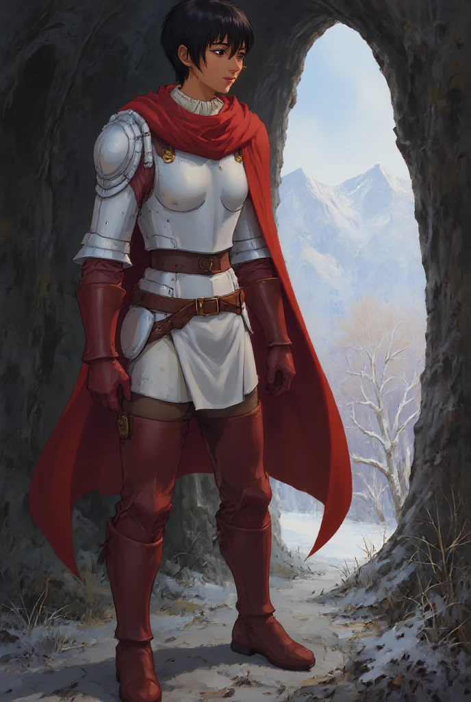 Masterpiece, stunning realistic, best quality, sharpness,1 girl,forehead mark,half body,(metall arnor:1.1),red cape,knight armor,standing in a destroyed farm,fight field,,sakura haruno,pink hair,green eyes,red hairband,middle large breasts,cute smile,