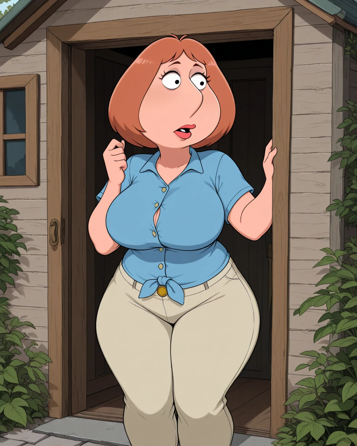 meg, brown hair, 1girl, glasses, solo, short hair, flat color, blue short shorts, beanie, pink bikini top,standing, hand on own hip, looking at viewer, smile, massive breasts, underboobs, thick thighs, thin waist, tall open-toe platform high heels