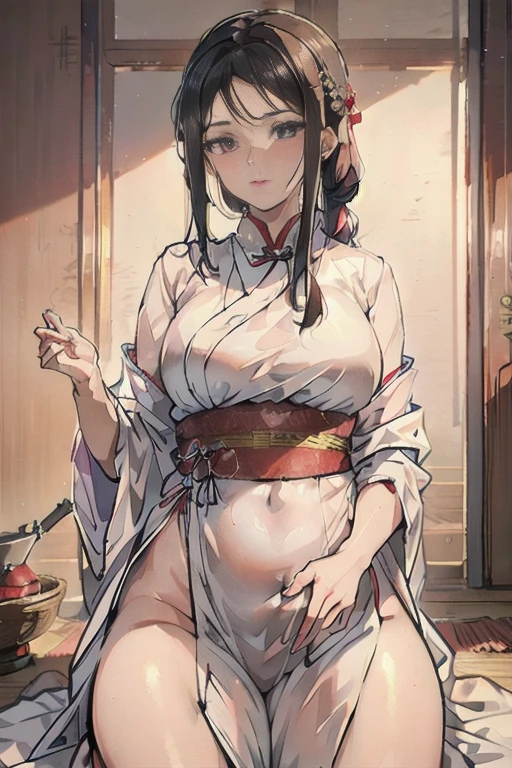 (masterpiece, best quality: 1.2), traditional Chinese ink painting, A cute 18 year old prostitute with big breasts, sexy white lace , Oversized dress :1.5, Couch, Ultra-detailed face, Detailed eyes, Double eyelid, sfw , long dress,emphasizing slender abs :1.3