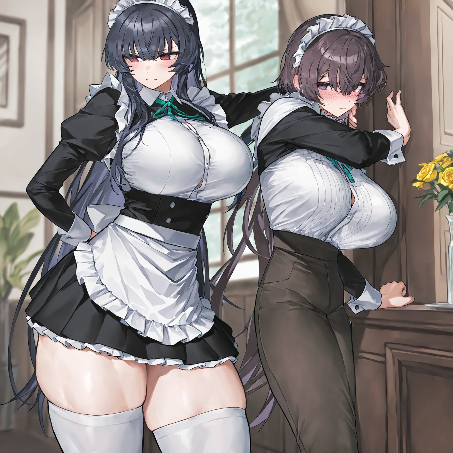 Best quality, 3 girls, cute, beautiful, sexy, in a sexy maid uniform