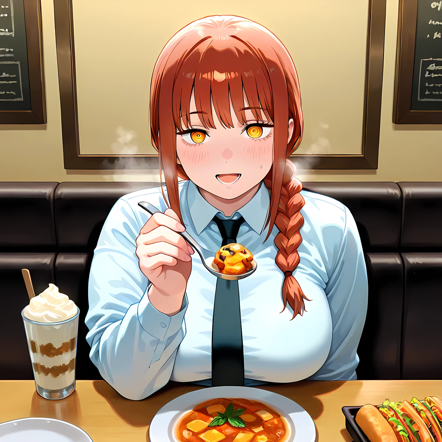 high resolution picture, masterpiece, best quality, amazing quality, official art, solo, 1girl, Makima,  from Chainsaw-man, ginger hair, long hair, braided ponytail, bangs, sidelocks, ringed eyes, yellow eyes,  medium breasts,                 incoming food, spoon, holding, holding spoon, food, looking at viewer, open mouth, blush, smile, restaurant, plate, hand up, fat, chubby, obese, gigantic arms and legs, large breasts open mouth, out of breath