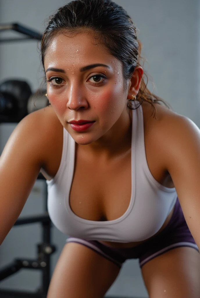 Raw, best quality, masterpiece, Ultra-realistic, ultra-detailed, big single Bun hair, korean, white skin,  watered body with white gel, 45-Years-Old, white skin, plump body, big breasts, super exhausted face, wearing white tight satin pharmacist dress, molling mouth, vomiting mouth, shoulder skin seen, super sweatiest body, at pharmacy counter, gazing at viewer, hands on table counter, 8k resolution, close up 