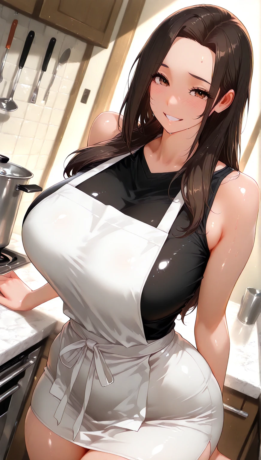 (Mature Woman:1.5), (mother:1.5), Ishtar, Fate Grand Order, (absurderes, 8K, 4K, masutepiece, hyper extreme detailed:1.2), Best Quality, Perfect Anatomy,Perfect face,Facing forward,High humidity, (alone:1.2), (Sweaty:1.3), shortness of breath, High humidity, humid, (Black Hair:1.1), Red eyes, Looking into the camera, (Very large breasts:1.5), Light clothing, apron, (kitchen;1.1), (Having a conversation:1.5), (Speech bubble:1.2), A kind smile, relief, peace of mind, mother性, Cooking, have a ladle, pot, pot-au-feu, choker, necklace