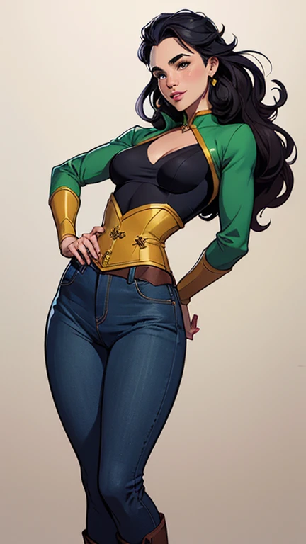 (Masterpiece, hiquality, absurdress) 1Woman, black hair, messy bun hair, Hair gathered in a ponytail, Green eyes, a perfect face, amazing body, big breasts, ((Best Quality)), ((Masterpiece)), (Detailed:1.4), Wavy Hair, , Detailed eyes and face, Designer home suit, Maid costume, cosplay, Clean up the house, High-heeledshoes