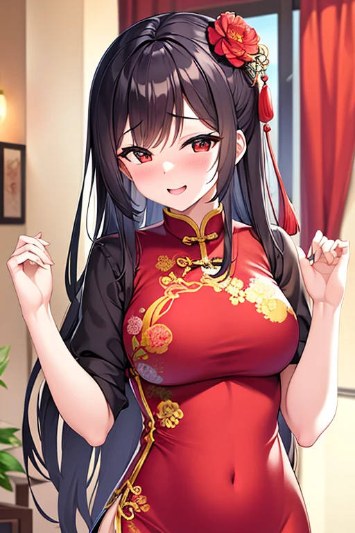 a beautiful woman,Standard red silk cheongsam,Smile,black hair,Large Breasts,Sexy,Slim body,Holding a Chinese long sword,long sword waving, (gold embroidery thread), (Such),outdoor