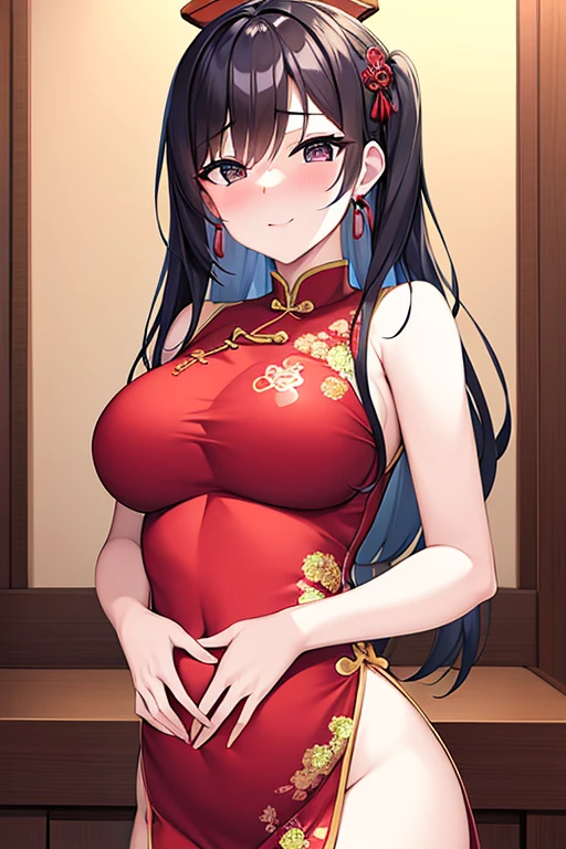 wearing lewd chinese dress, belly button exposed, nice breast, side breasts exposed, sexy slimbody