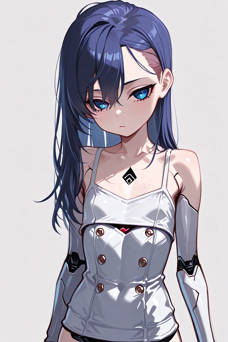  top quality、masterpiece、Female、solo、Cyborg、 slender and small breasted 、figure of a petite toddler that could be mistaken for a flat chest、undercut、Long hair with a loose perm、
