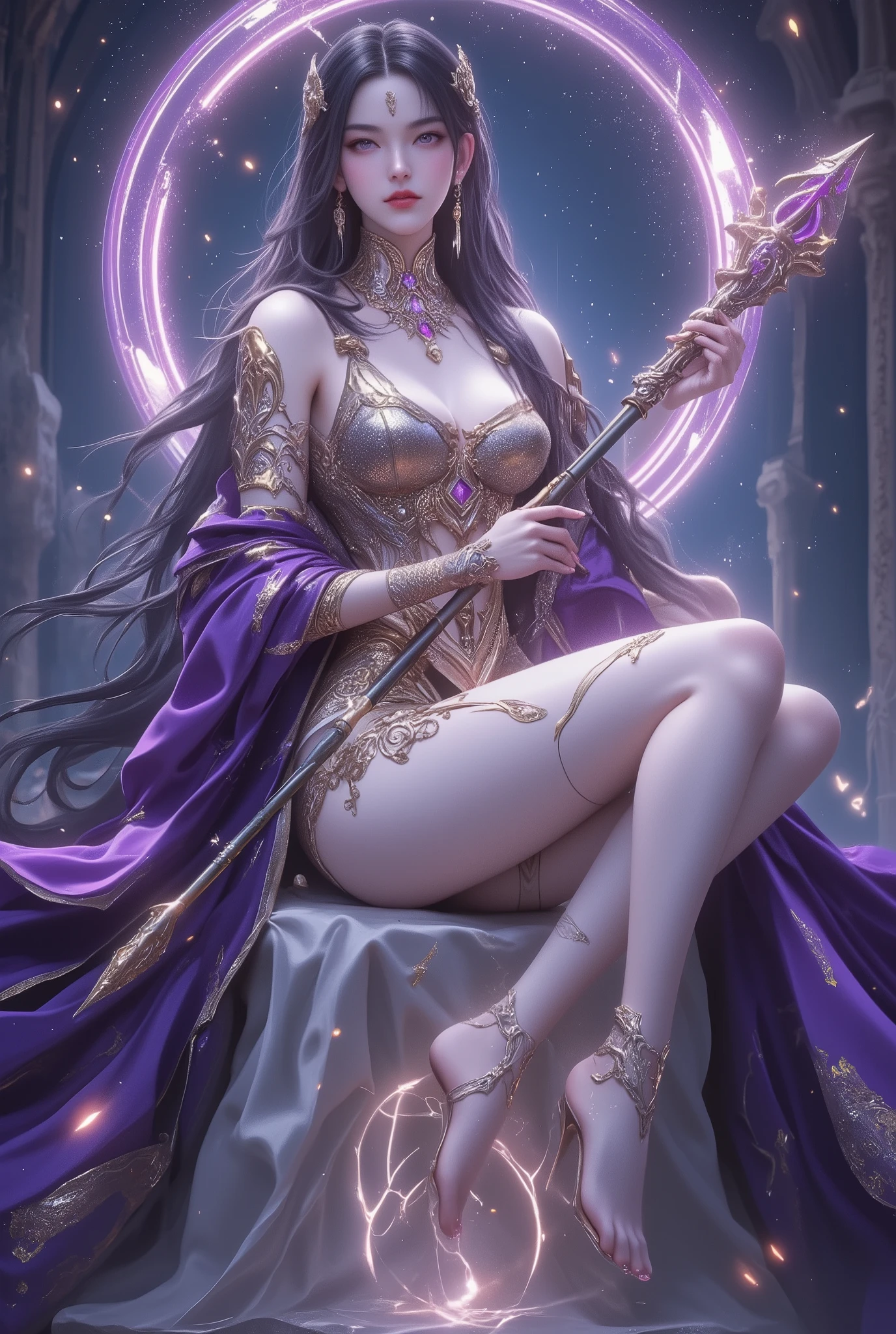 prosperous palace,a female mage,Mage Crown,purple hair,Torn white mage robe,Perfect body,Microkini,full body tattoo