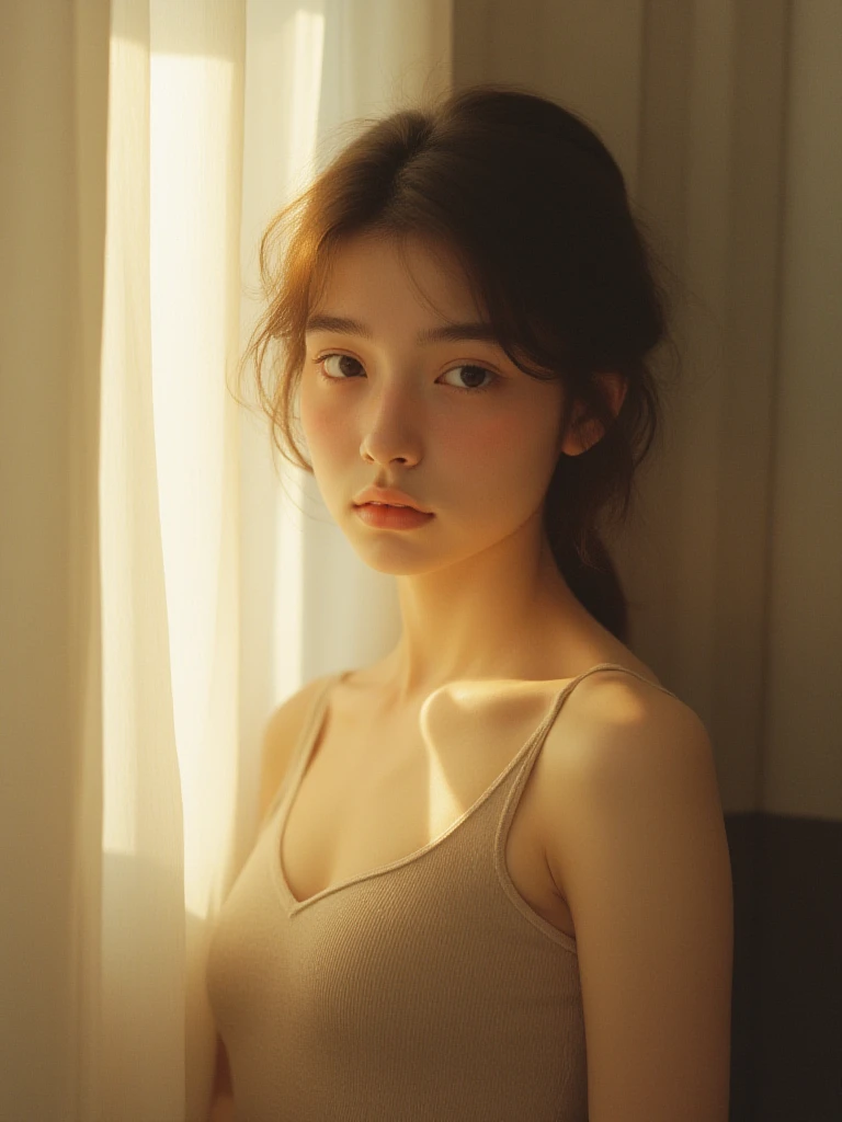 8yk、Raw photo、(masuter piece)、(finely best quality)、Hi-Res、(girl)、(realisitic、Hphotorealistic:1.2), Upper body、Red camisole、Facing up、skinny、14years、small tits、Eyes closed、Deep sadness、Sorrow、look up sky、Open mouth、screeming、a room、Background blur