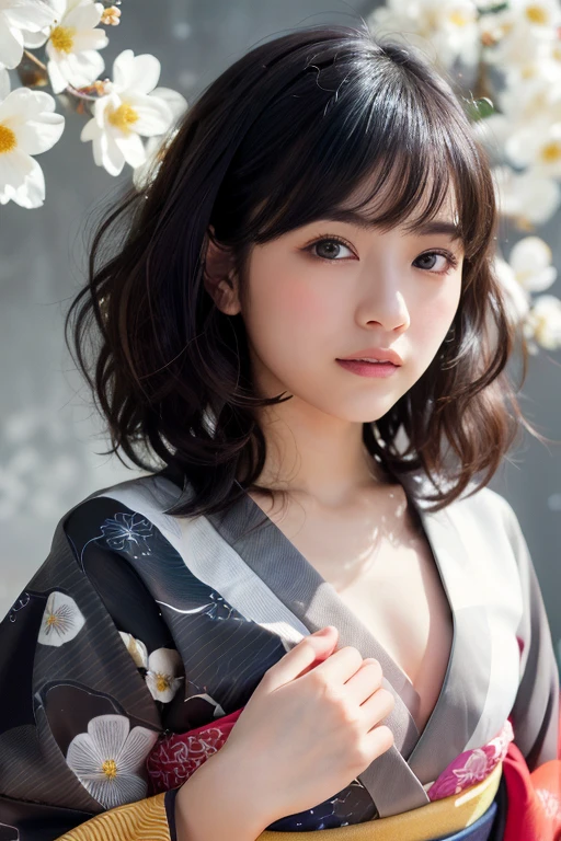 (logo、masterpiece、8k、table top、RAW photo、wonderful、最high quality、realistic、very detailed CG 統合 8k 壁紙、high quality、very detailed、Narrative poem、particle effects、dynamic effects、written boundary depth、cinematic light、Lens flare、ray tracing)、fantasy、 (1 beautiful woman、Kimono isolated on white background、Japan Dress、cherry blossom pattern、black haired、beautiful face、real face、detailed and beautiful eyes、beautiful skin)、Hair flutters in Wind、hair bounces、pink cherry tree、petals dance、SakuraFubuki、wonderful景色、sunrise、sun on background、Wind、god々、teeth、god話、vast land、