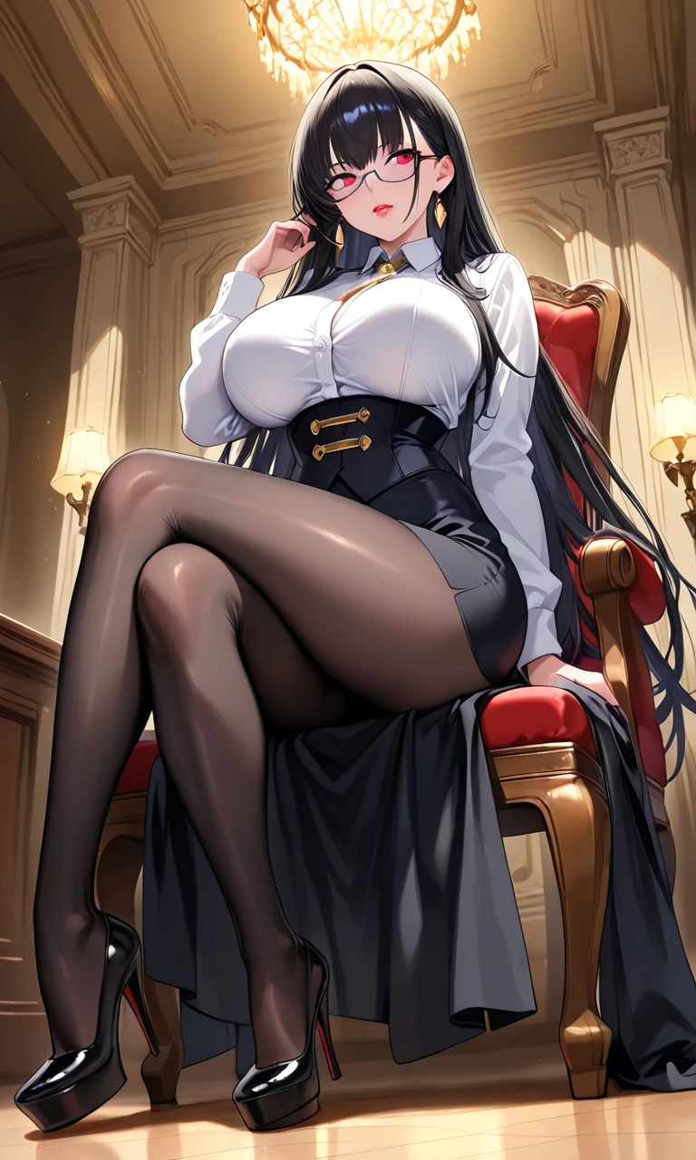 ((masterpiece, best quality)), Detailed face,High School Suit Jacket、long skirt、JK style,Full body painting,Perfect body proportions,Large Breasts,Long legs,((Long wavy hair)), ((Half of her hair is white,The other half is black,Divided into two colors)),beautiful eyes,Fantasy style,extremely beautiful,transparent,Sexy Lingerie,Lace,Pantyhose,exposed