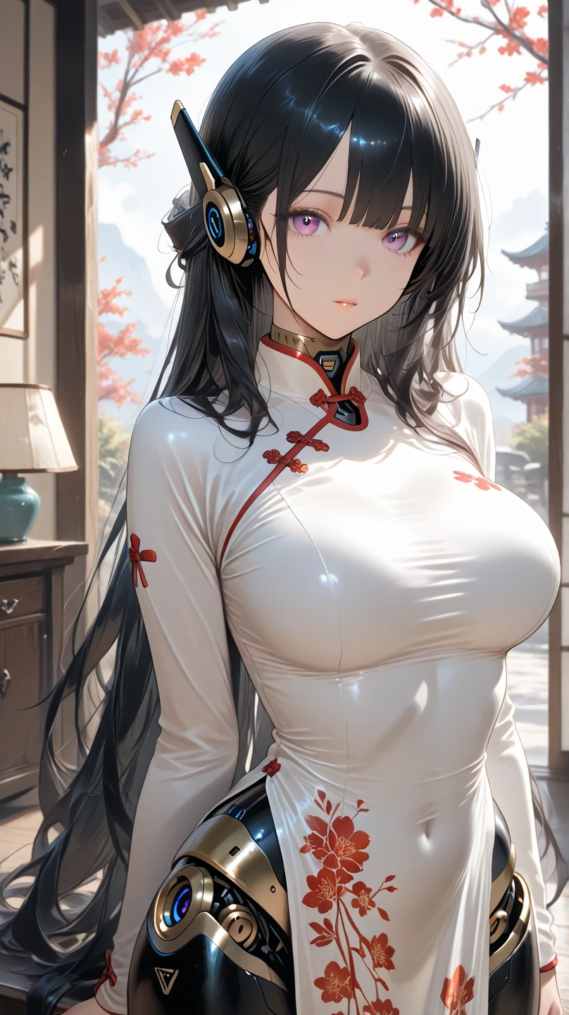(Best Quality), ((Masterpiece),(ao dai),(Details: 1.4),(Mystical Background), 3D,She has saggy breasts, big breasts , Beautiful Cyberpunk Woman, HDR (High Dynamic Range), Ray Tracing, NVIDIA RTX, Super Resolution, Unreal 5, Subsurface Scattering, PBR Texture, Post Processing, Anisotropic Filtering, Depth of Field, Maximum Sharpness and Sharpness, Multi-layer Textures, Albedo and Highlight Maps, Surface Shading, Accurate Simulation of Light-Material Interactions, Perfect Proportions, Octane Rendering, Two-color Light, Large Aperture, Low ISO, White Balance , Rule of Thirds, 8K RAW, Lace-trimmed skirt, white gentle seduction, breast augmentation, figure display, transparent lingerie, sexy seduction, coquettish, commotion, short skirt, exposed breasts, erotic lingerie, sexy beauty, buttocks, bare breasts, breasts,Ao Dai traditional costume of Vietnamese people,Yellow costume, Lac Viet mythological pattern, Bach Viet ,Chubby ,She's not too skinny,Vietnamese mythological background