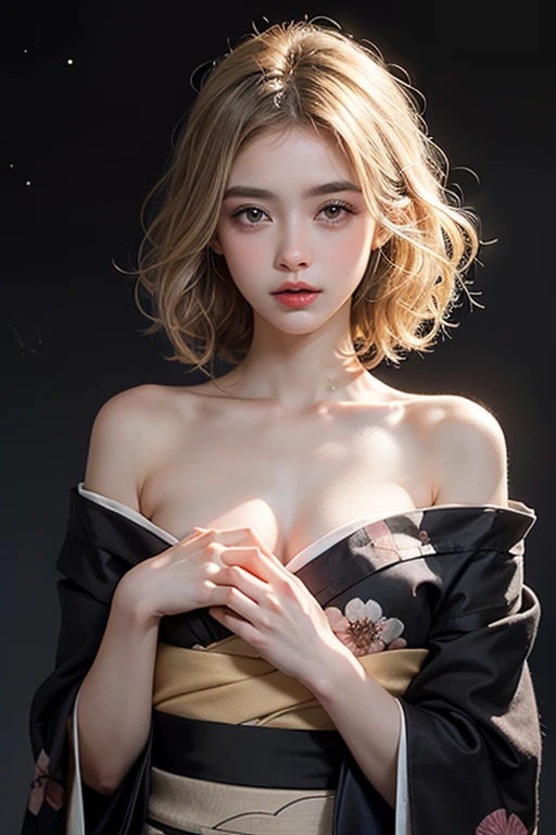 ((((masterpiece, best quality, high resolution)))), Extremely detailed 8K, Beautiful girl with slender body, (Ultra HD, Ultra-detailed, Highly detailed, Highly realistic, Ultra-realistic, photograph realistic), (1girl:1.5), (Realistic white hair), short wavy hair, bob cut, (dynamic poses), facing at camera, ((seductive smile)), parted lips, purple eyes, (huge breasts: 1.2), cleavage, (beautiful detailed face, beautiful detailed eyes), fluffy off-shoulder purple yukata, summer festival in background, cityscape scenery, street, night light, night time