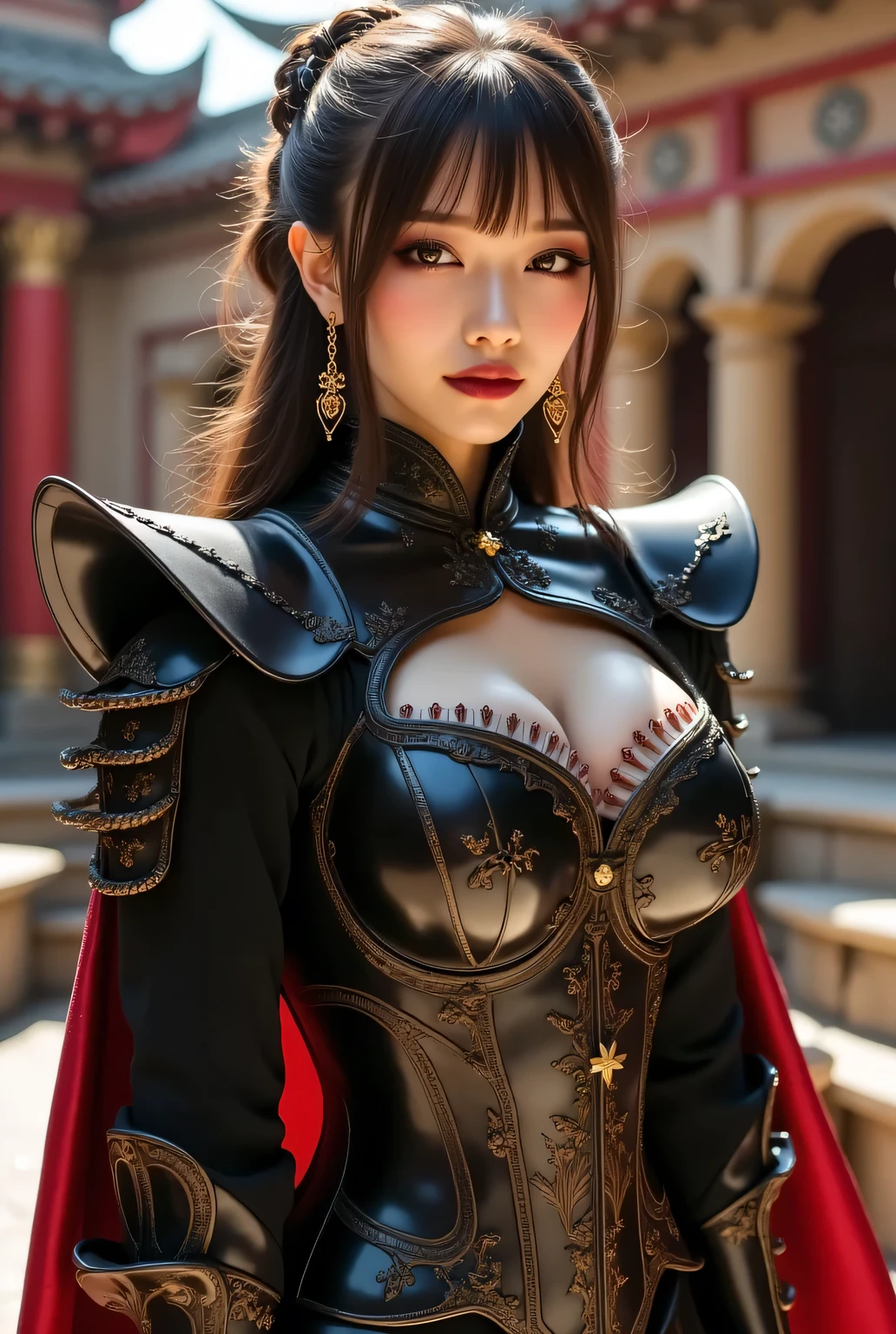 Highest quality, masterpiece, colorful to keep.
Super beautiful Japanese woman, villainess, looks like a intimidating dominatrix, staring at the viewer.
Long false eyelashes, light red lips, wavy hair, luxury hair ornament, luxury earrings, big breasts.
Elaborate armored bodysuit, gothic style, detailed shoulder armor, detailed arms guards, cloak.
Outside the medieval royal palace, sunlight.