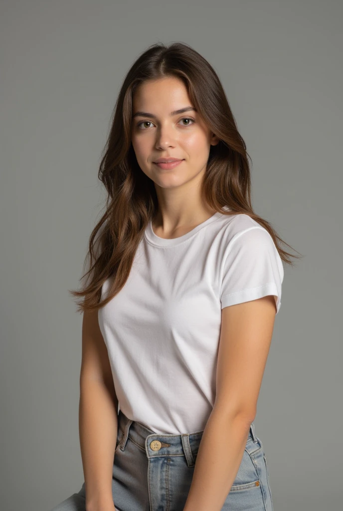 Photorealistic image in front view of a female model with blonde hair posing for a tshirt photoshoot. The model is wearing a Bella Canva 3001 light beige crewneck tshirt untucked. the model is looking at the camera, Different poses, white background, --no graphic --no text, imagem oficial do produto, retrato perfeitamente centrado