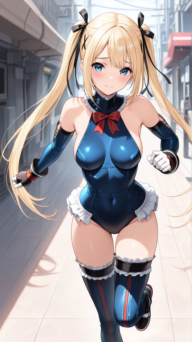 score_9, score_8_superior, score_7_superior, score_6_superior, sauce_anime, Break 1 Girl ,Door Mary, Blonde, Twin tails, right now, hair ribbon, frilled choker, red bowtie, blue one-piece swimsuit, frilled swimsuit, blue sleeves, detached sleeves, gloves, blue thighhighs, frilled thighhighs