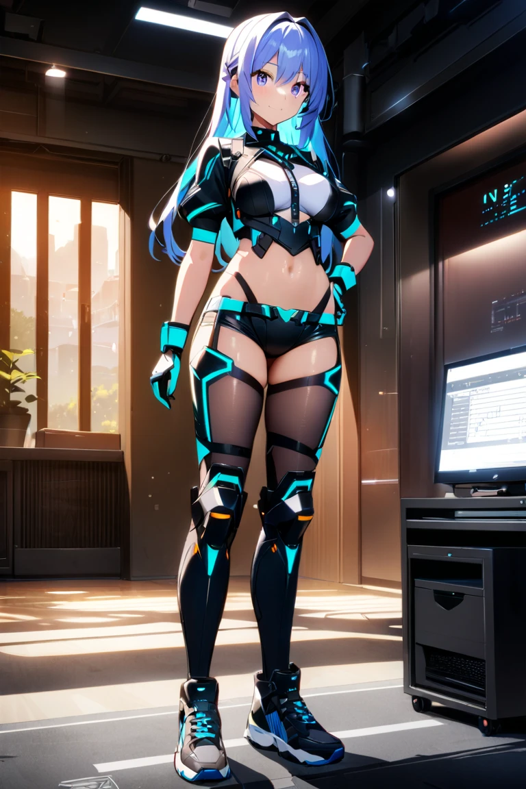 masterpiece, Highest quality, Very detailed, 8K Portrait, Toned body,japanese android girl, Ultimate Physical Beauty, Huge breasts , announcer,Control panel,Robotic arms and legs, Hatsune Miku VOCALOID, Twin tails, Bright Blue Eyes, Light blue hair,Mechanical body,Blunt bangs,The belly of a perfect machine,White robot parts,Perfect robot woman,Cyberpunk Costume,She runs on electricity,The Laboratory of the Future,Perfect plastic body,完璧なMechanical body,Black sponge joint,Removable cover in crotch area,The connection port is located in the crotch area,Open chest panel,Chest access panel,Open chest panel,Perfect Machine Breasts,Machine body,White robot body,Ceramic breastplate,Perfect Shaped Breasts,She was assembled by a robotic arm,Assembly Plant,mini skirt,Pleated skirt,boots,Perfect futuristic costume,完璧なMechanical bodycover,Another booth,She keeps it in a booth,Costume with light blue accents,