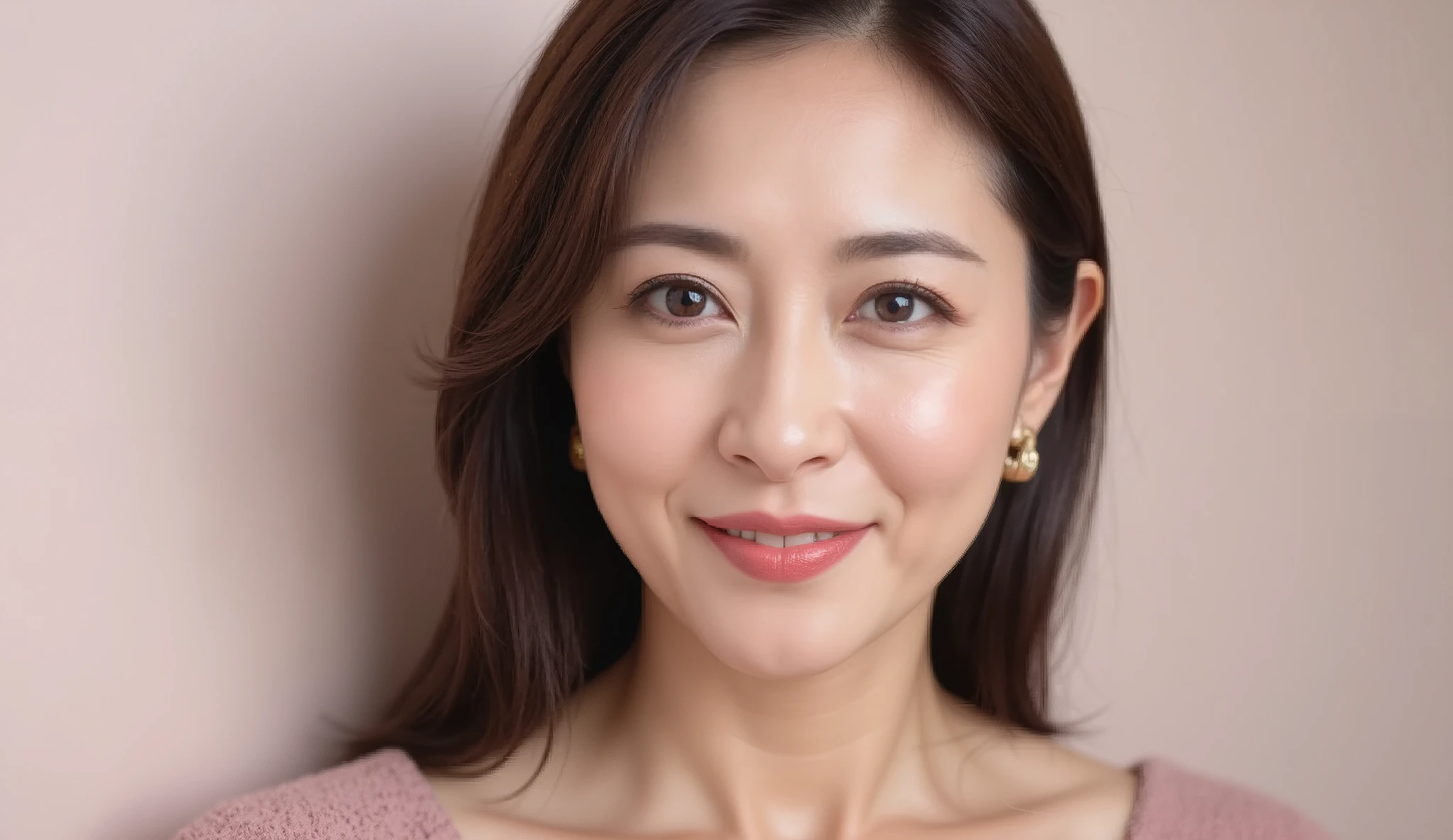"fresh and young of a 48-year-old Japanese woman々nice close-up portrait（high angle）, Hollywood-inspired slick and natural hairstyle, Super Detailed, casual sparkle with soft pink natural makeup, on natural lips photorealistic, Delicate Smile Lines,  smooth and radiant skin , clear focus, Soft diffused lighting,  warm, natural expression , Looking up a little, pastel minimal background, can't see hands"
