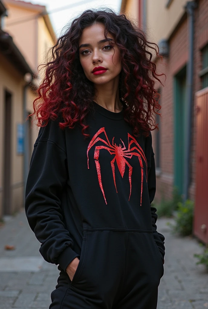 alt fashion, dynamic angle, detailed, photo of woman with black skin, wearing oversized sweatshirt with spider print, detailed face, soft colors,  tights <lora:alt_fashion_v2:1>