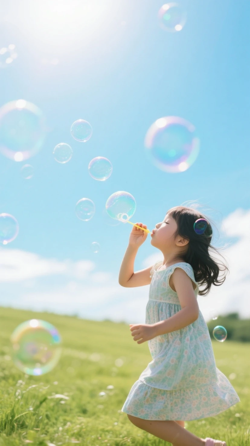 Beautiful girl blowing soap bubbles、Beautiful countryside scenery