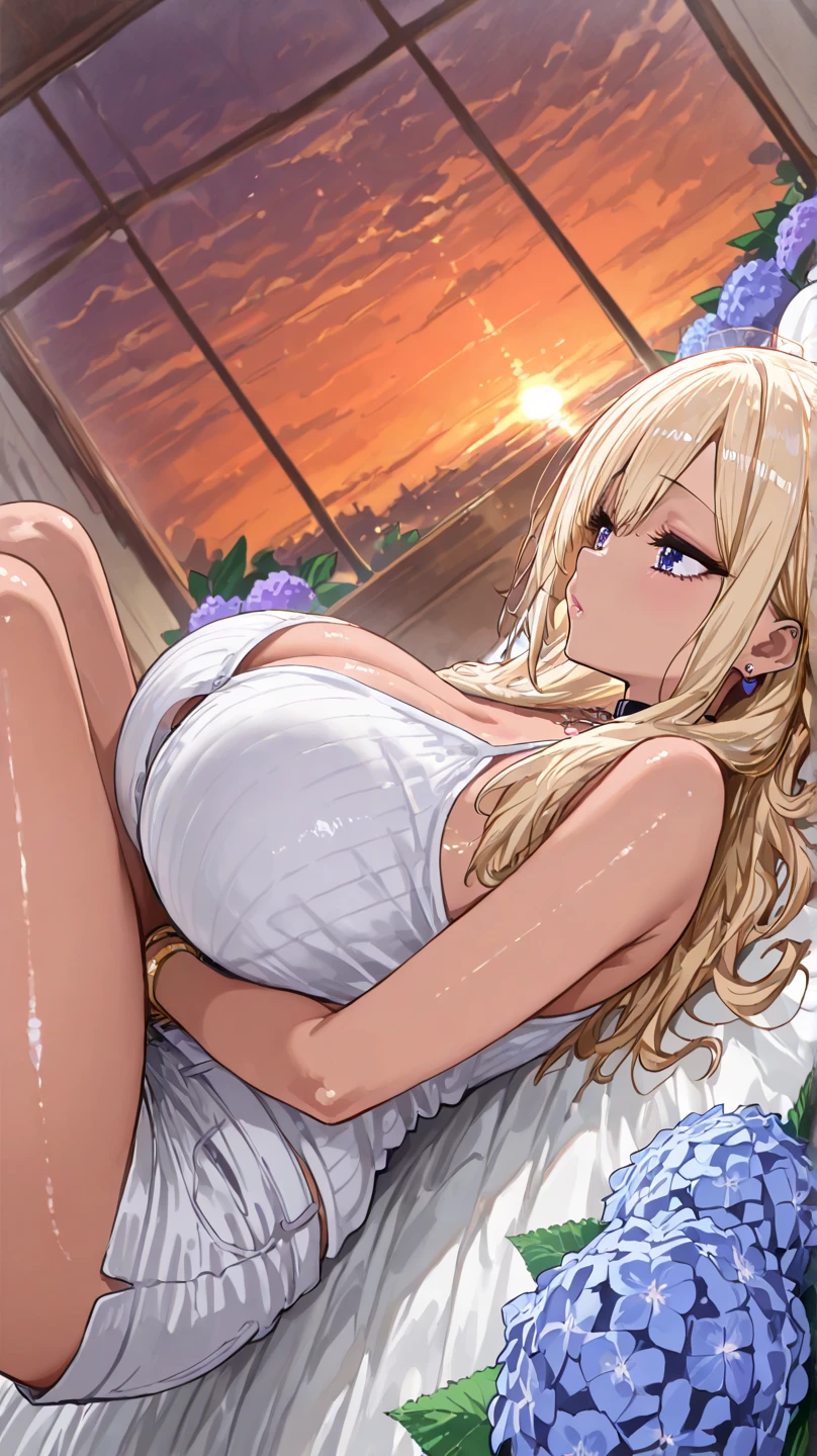 nsfw:1.6, A human body has two arms, two legs and one head, Top quality:1.2, best quality:1.6, ultra high resolution, masterpiece:1.5 ,4K, 8K, 32K, detailed lighting, shaders, perfect anatomy, perfect proportions, highly detailed, ultra detailed, super detailed:1.2, perfect eyes, perfect face, very delicate and beautiful, illustration, sharp focus, very beautiful and detailed anime face, very detailed eyes, cute:1.4, impressionistic:1.2, blurred background, accurate depiction of arms and hands:1.4, accurate depiction of foot:1.4, Accurate human skeleton drawing:1.4,sexually attractive body:1.6,
BREAK
1 woman, (Beautiful busty woman in her 20s:1.3),(blue green eyes),(dark skin:1.6), (tan lines:1.5),(Perfect proportions: 1.6), (Small pink areolas:1.4), (Pointy upward nipples:1.2),(Full and beautiful breasts: 1.8), (Perky breasts: 1.8), (Thin waist: 1.2), (Slender figure: 1.2), (beautiful buttocks:1.1),(Neatly trimmed pubic hair:1.2),
BREAK
(Beautiful blonde hair: 1.5),(shiny straight long hair:1.3), (Bangs swept to the side, showing forehead: 1.5),
BREAK
(Happy smile:0.8), (Troubled face:1.5), (blush:1.5),(pink lipstick),
BREAK
(Wedding dress:1.4), (white sailor suit:1.4), (barefoot),(tiara:1.3),BREAK (naked:1.8), (White choker:0),(white Lace collar:1.6) ,(Necklace, bracelet, anklet: 1.3),(white garter belt:1.3),(Fishnet stockings:1.4),( Nipples and breasts are not covered), (pubic hair is shown:1.3),( very realistic depiction of skin texture:0.4),(realistic nipples texture:0.6),(Soft looking breasts:1.3),(Breasts that look nice to squeeze:1.1),
BREAK
(Lie on her back on the beach:1.3), (Spread her legs),(profile:1.2),(looking away:1.2)
BREAK
(from above)
BREAK
(Beautiful beach:1.5),(hot summer:1.2),( realistic depiction of background),( pink sky:1.3),