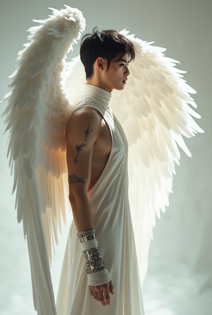 (masterpiece, ultra quality, high-res, 10, intricate: 1.2), (detailed face:1.2),Very handsome, Detailed skin , [Short Hair Hair],1 man,White prince dress, ((Realistic)), good lighting quality, Young Korean , ((pale skin)), balanced eyes,Angel 1 Wings,Beautiful shape,fascinating,angel,Light brown hair, Prince of Heaven,((Beautiful muscles)),Body Show ,