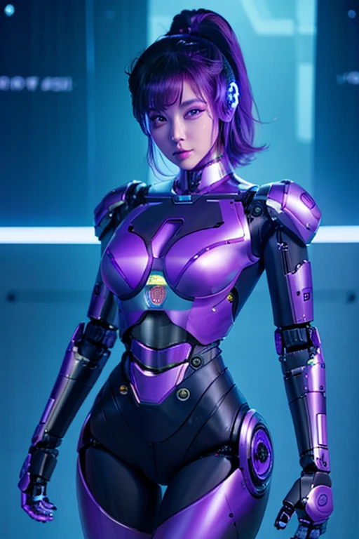 A close-up of a woman in a futuristic suit with purple hair, female cyberpunk anime girl, girl with mecha cybernetic armor, linda chica cyborg, cyberpunk anime girl mech, 3D 8k rendering character art, cyberpunk anime girl, cyberpunk anime digital art, perfect anime cyborg woman, ross tran 8k, cyber suit, cyber suit, anime ciberpunk