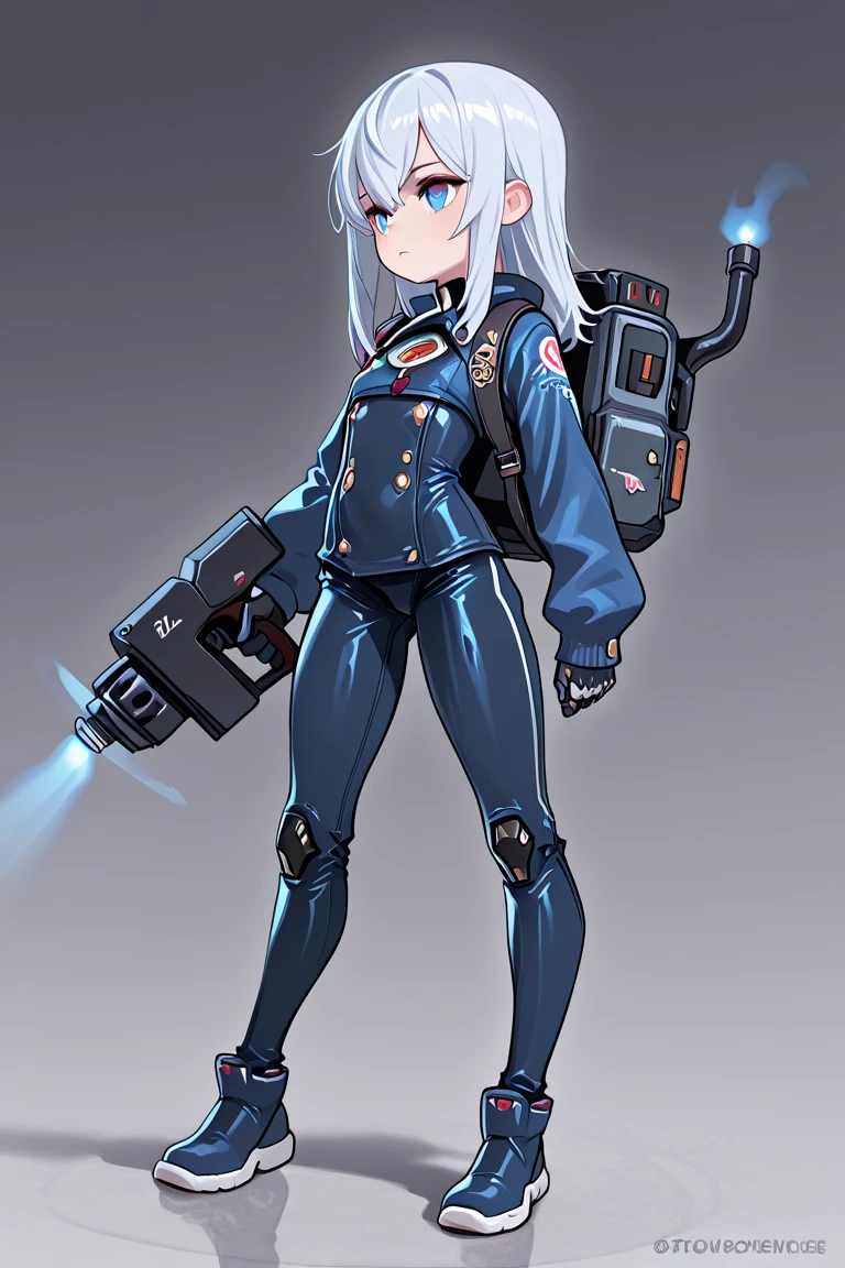 top quality、masterpiece、Female、solo、Cyborg、 slender and small breasted 、small toddler figure that could be mistaken for a flat chest、undercut、Long hair with a loose perm、 heavy weapon equipment 、Launcher equipped backpack、Thruster
