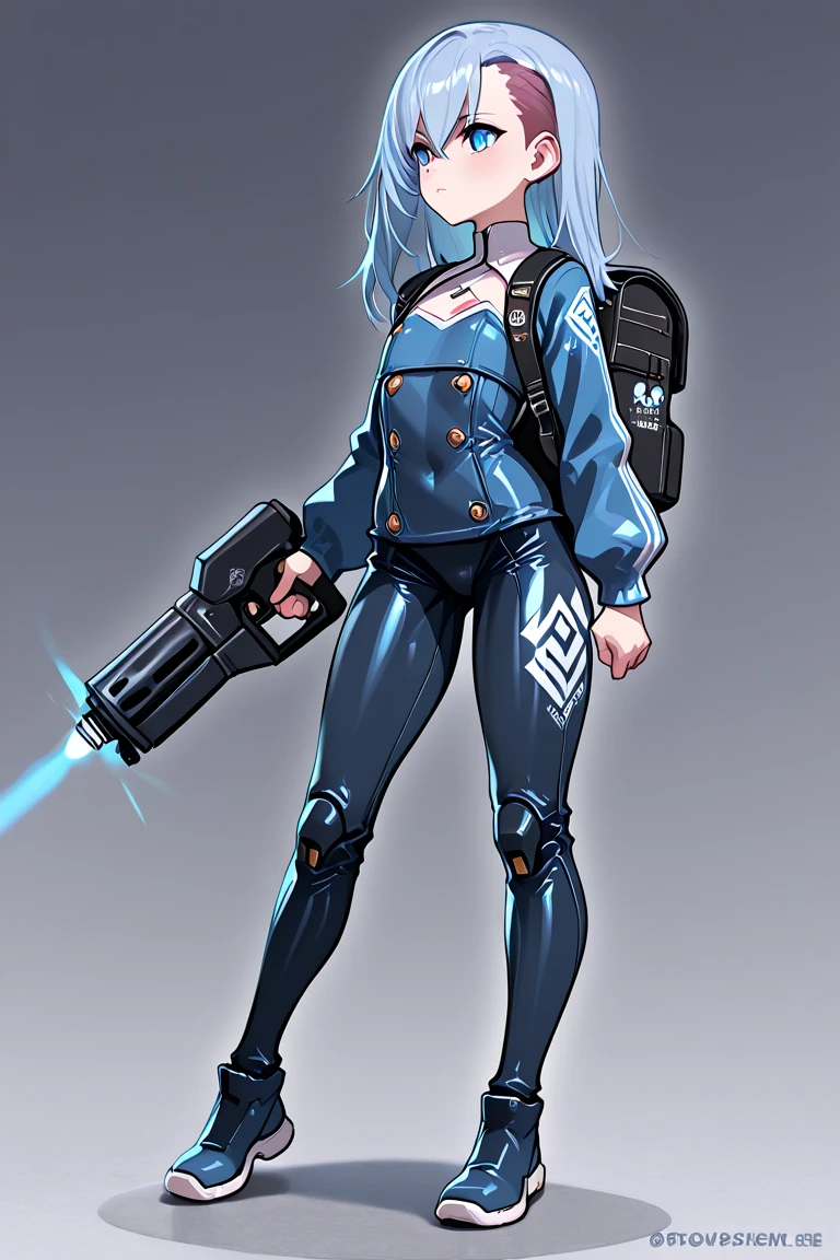  top quality、masterpiece、Female、solo、Cyborg、 heavy weapon equipment 、Heavy Weapon、Launcher Backpack、Thruster、 slender and small breasted 、figure of a petite toddler that could be mistaken for a flat chest、undercut、Long hair with a loose perm、
