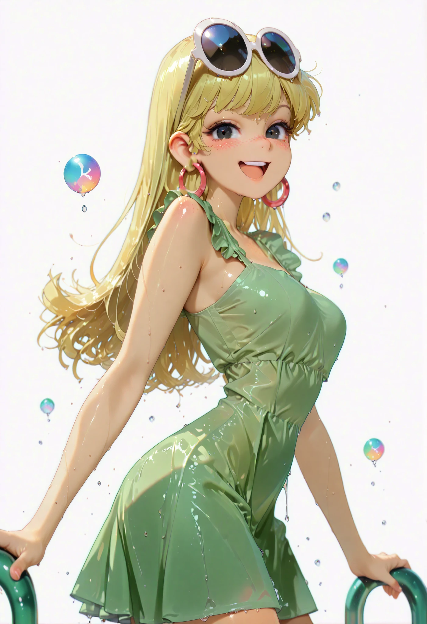 (score_9, score_8_up, score_7_up, Expressiveh, g0th1c), masterpiece:1.2, absurd res, best quality, 8K, high resolution,, fine fabric emphasis:1.2), (((masterpiece, amazing quality, best quality, ultra-detailed, 8K, illustration, amazing quality, newest, absurdres, realistic))), (((Best Quality, 8K, Masterpiece: 1.3)), ((high_quality)), (gorgeous face, masterpiece, best quality, very aesthetic, absurdres, curvy figure, , perfection, (bubble , Thin waist. Tiny waist)), dynamic range,, (((LenI Loud , 1girl , solo , long hair , looking at viewer , smile , open mouth , black eyes , blonde hair , Cartoon Eyes , large , dress , jewelry , earrings , sleeveless , from side , sunglasses , eyewear on head , green dress , hoop earrings)), smooth shading, highly detailed, soft lighting, well-defined anatomy, good anatomy, ((intricate details, depth of field, wet skin, shiny skin, perfect face, 2d, perfect eyes, vibrant saturated colors, volumetric lighting, freckles)), 8k UHD, (masterpiece, best quality), (((looking at viewer, happy smile, joy, cowboy shot, dynamic pose)))), BREAK (from below, side view, correct),