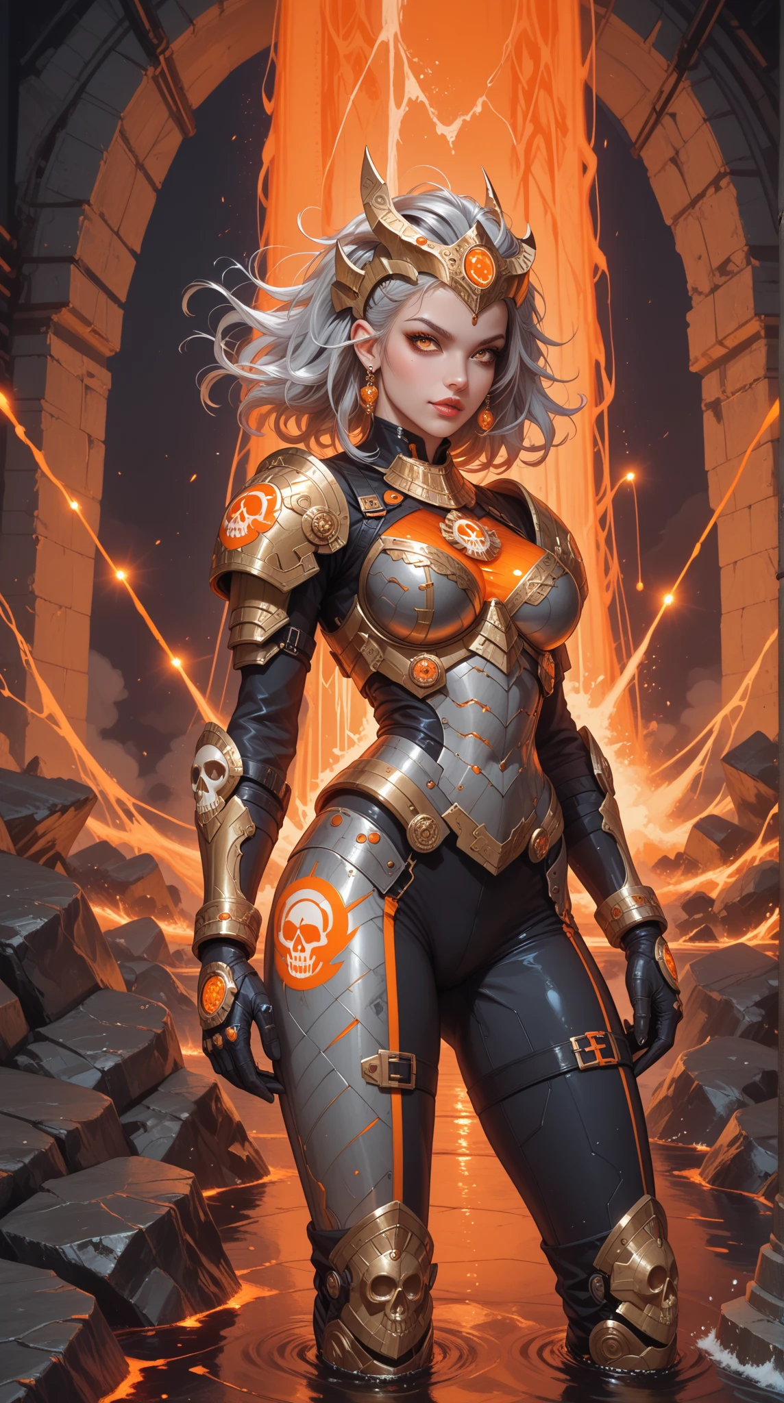 A highly detailed and realistic skull girl,( eyeballs. Taylor Alegria), fully body, cyberpunk character, furious mad max, one-handed robot, Cyborg arm, hair orange, dramatic metal heavy rock theme, best qualityer, 8K, hyper realist, photorrealistic, extremely detailed painting, studio lighting, bright coloured, dark and moody atmosphere, cinematic, dramatic pose, Intricate mechanical details, glowing energy effects, intense sandy textures, Seamless integration of organic and inorganic elements. Wearing the used clothes of a deserter. fund: An apocalyptic desert. Dusty and depressing.