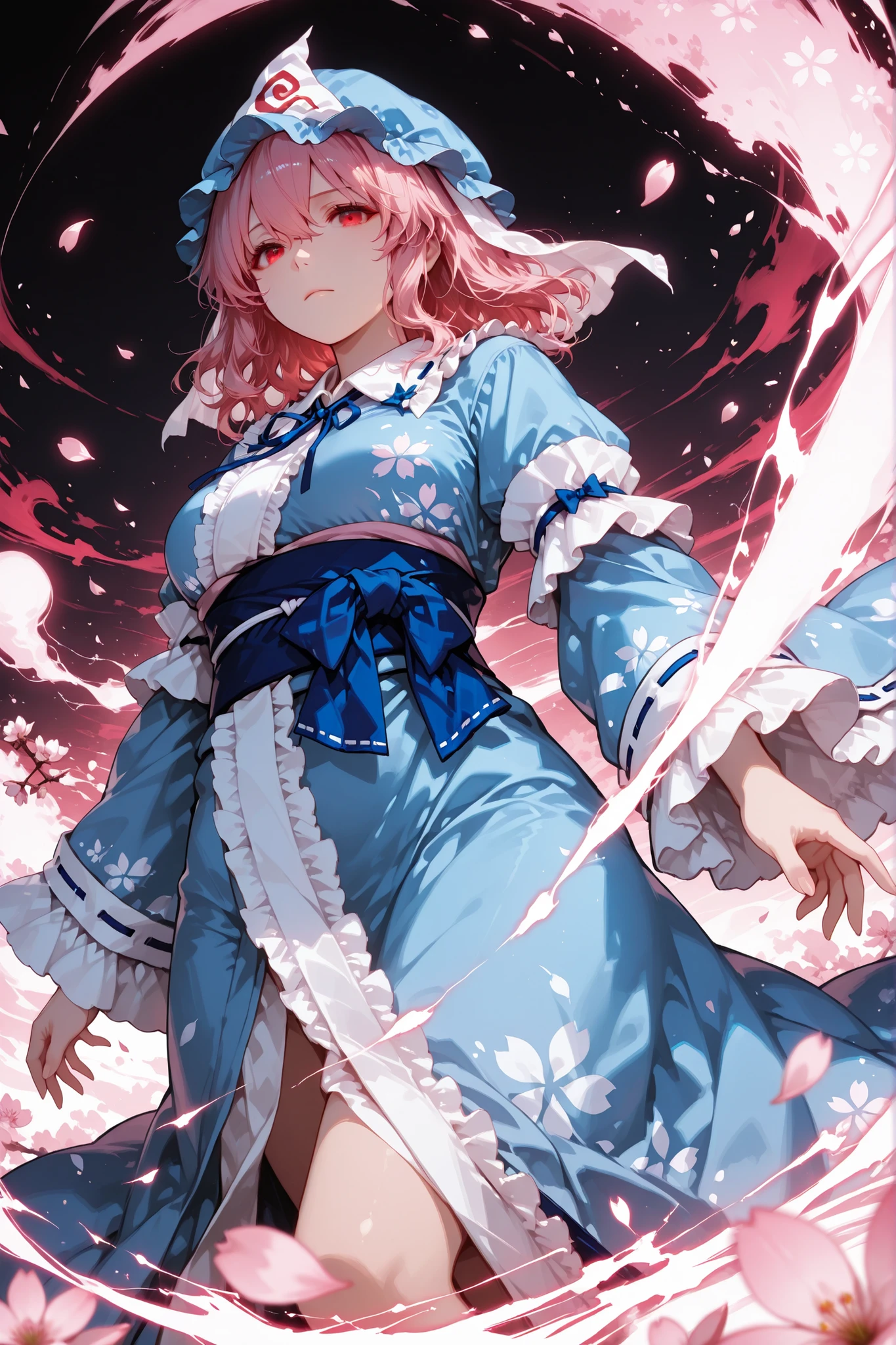 1girl\(Saigyouji Yuyuko\), pink hair, medium hair, red eyes, light frown, closed mouth, blue hat, frilled hat, mob cap, triangular headpiece, blue kimono, japanese clothes, long sleeves, frills, neck ribbon, blue ribbon, ribbon trim, ribbon-trimmed collar, hair between eyes, abstract background with cherry blossom petals and gradient white to light blue, black ink-like motion blur streaks across foreground, dynamic energy effect, low angle shot, dramatic composition,
BREAK, soft colors composition,Light color composition,finely detail,semi realistic,stunning,clear picture,intricate details,extremely detailed CG unity 8k wallpaper,stunning,clear picture,masterpiece,best quality, highres,