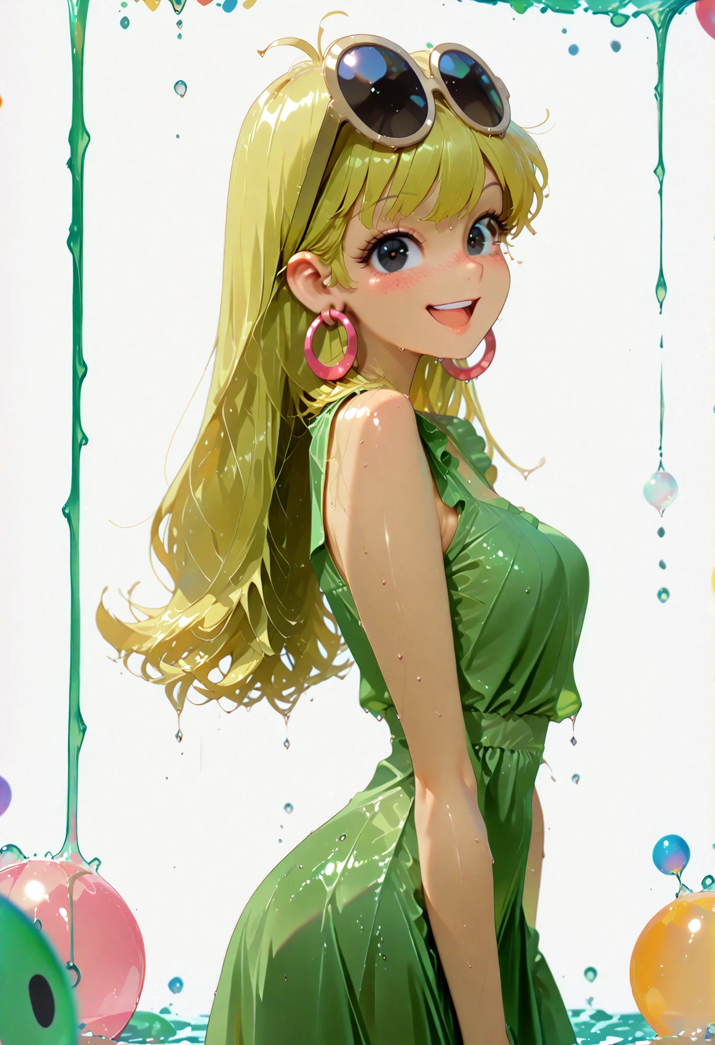 (score_9, score_8_up, score_7_up, Expressiveh, g0th1c), masterpiece:1.2, absurd res, best quality, 8K, high resolution,, fine fabric emphasis:1.2), (((masterpiece, amazing quality, best quality, ultra-detailed, 8K, illustration, amazing quality, newest, absurdres, realistic))), (((Best Quality, 8K, Masterpiece: 1.3)), ((high_quality)), (gorgeous face, masterpiece, best quality, very aesthetic, absurdres, curvy figure, , perfection, (bubble , Thin waist. Tiny waist)), dynamic range,, (((LenI Loud , 1girl , solo , long hair , looking at viewer , smile , open mouth , black eyes , blonde hair , Cartoon Eyes , large , dress , jewelry , earrings , sleeveless , from side , sunglasses , eyewear on head , green dress , hoop earrings)), smooth shading, highly detailed, soft lighting, well-defined anatomy, good anatomy, ((intricate details, depth of field, wet skin, shiny skin, perfect face, 2d, perfect eyes, vibrant saturated colors, volumetric lighting, freckles)), 8k UHD, (masterpiece, best quality), (((looking at viewer, happy smile, joy, cowboy shot, dynamic pose)))), BREAK (from below, side view, correct),